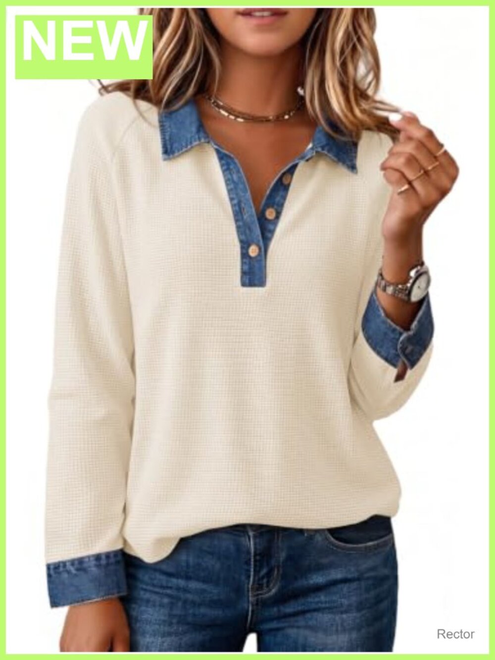 Waffle Knit Denim Collar Polo Sweatshirt Pullover Loose Fit Casual